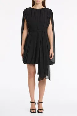 BLACK GEORGETTE GATHERED CAPELET MINI DRESS