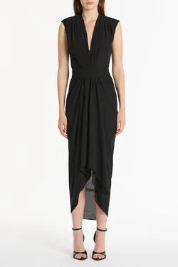 BLACK GEORGETTE SLEEVELESS WATERFALL DRESS