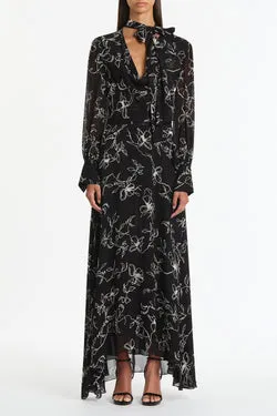 BLACK LINEAR FLORAL MIDI DRESS
