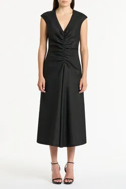 BLACK LINEN RUCHED DRESS