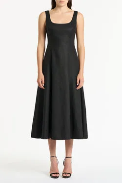 BLACK LINEN SQUARE NECK MIDI DRESS
