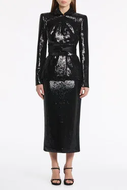 BLACK LIQUID SEQUIN LONG LINE PENCIL SKIRT
