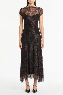 BLACK METALLIC LACE CAP SLEEVE MIDI DRESS