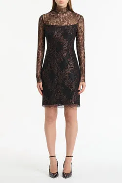 BLACK METALLIC LACE LONG SLEEVED SHORT DRESS