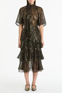 BLACK METALLIC SILK JACQUARD TIERED RUFFLE SKIRT