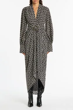 BLACK MONOGRAM SILK WATERFALL DRESS