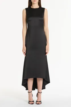 BLACK SATIN GODET DRESS
