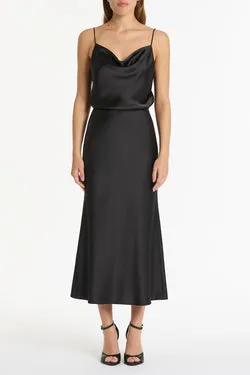 BLACK SATIN MIDI SKIRT