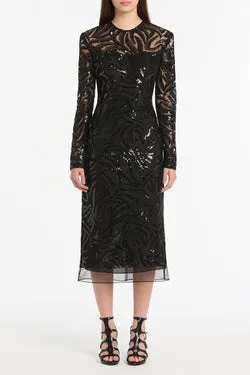 BLACK SWIRL SEQUIN LONG SLEEVE MIDI DRESS