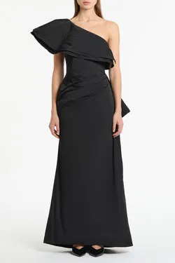 BLACK TAFFETA ASYMMETRIC ONE SHOULDER DRESS