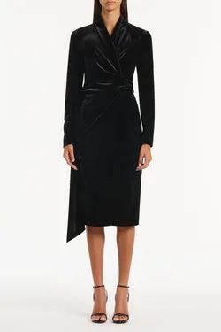BLACK VELVET TIE FRONT MIDI DRESS