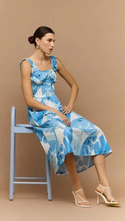 Blue & White Floral Cotton Shirred Midi Dress