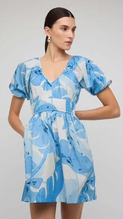 Blue & White Floral Cotton V-Neck Mini Dress