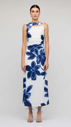 Blue & White Floral Mesh Midi Dress