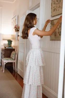 Nyah Tiered Maxi Skirt - Pale Pink Plaid