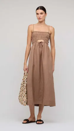 Brown Shirred Cut-Out Linen Midi Dress