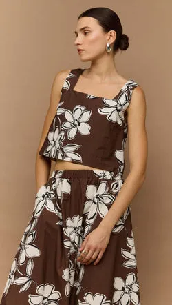 Brown & White Cotton Floral Crop Top