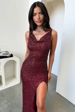 Lepore Sequin Cowl Neck Maxi Dress - Burgundy