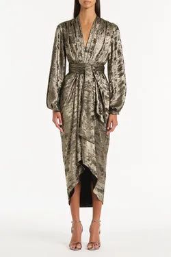 BURNISHED METALLIC WATERFALL DRESS