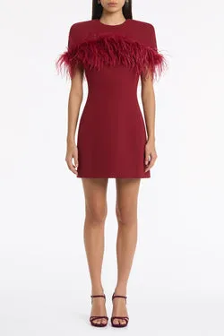CABERNET CREPE FEATHER DETAIL MINI CAPE DRESS