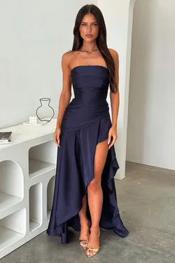 Carly Strapless Satin Maxi Dress - Navy