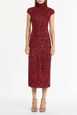 CHERRY CRUSHED SEQUIN CAP SLEEVE MIDI DRESS