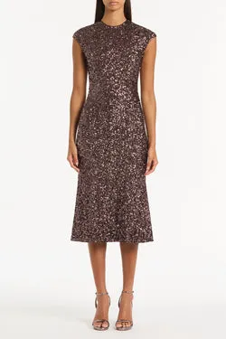 COPPER SEQUIN FLUTED MIDI DRESS