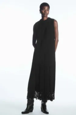 Size XS | COS Black Fringed Panelled Wool Midi Dress