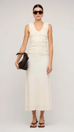 Cream Gathered V-Neck A-Line Midi Dress