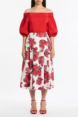 CRIMSON BOUQUET SATEEN PLEAT DETAIL SKIRT