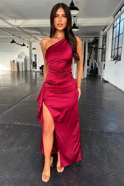 Elianna One Shoulder Satin Maxi Dress - Burgundy