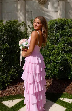 Felicity Pink Pearl Strap Ruffle Maxi Dress - PRE ORDER