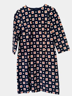 Hobbs Navy, Orange and White Print Shift Dress — Size 10