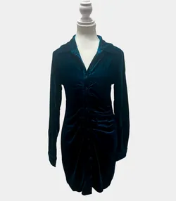 YH & CO Dark Teal Velvet Mini Dress — Long Sleeve, Size 10 | NWT