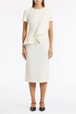 IVORY CREPE DRAPE PEPLUM MIDI DRESS