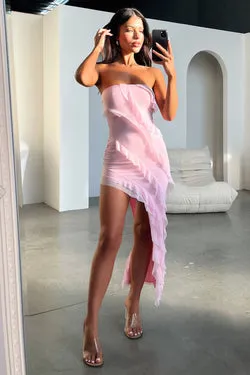 Jadore Strapless Ruffle Midi Dress - Pink