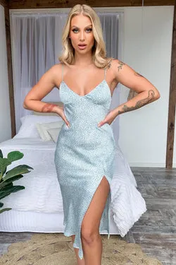 Jennifer Satin Midi Dress - Teal Polka
