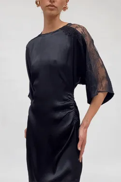 Lee Satin Lace Cape Sleeve Maxi Dress - Black