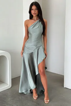 Leni One Shoulder Satin Maxi Dress - Olive