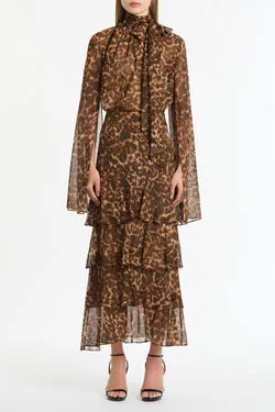 LEOPARD SILK TIERED MAXI SKIRT