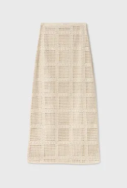 Cotton Grid Long Skirt Natural