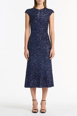 MIDNIGHT CRUSHED SEQUIN FLUTED MIDI DRESS