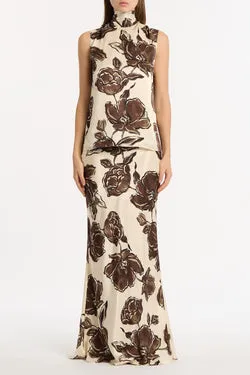 MOCHA BOUQUET SILK VISCOSE BIAS FISHTAIL SKIRT