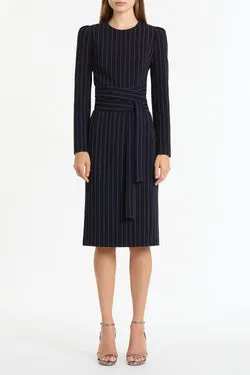 NAVY PINSTRIPE SPLIT SLEEVE MIDI DRESS