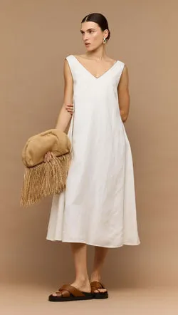 White Godet Linen Midi Dress