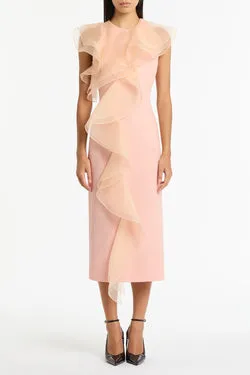 PALE ROSE CREPE RUFFLE FRONT MIDI DRESS