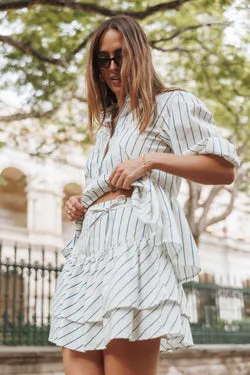 Sybella Frill Basque Skirt - Yellow/Blue Stripe