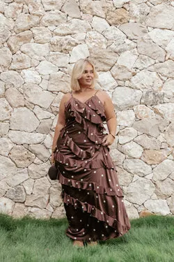 Ciao Ruffles Maxi Satin Dress - Brown Polka Dot