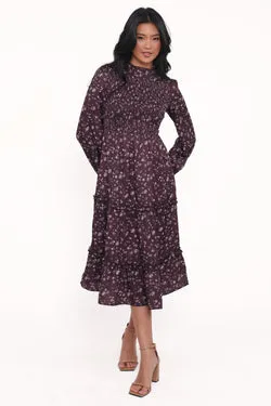 Edwina Shirred Frill Long Sleeve Midi Dress - Plum Floral