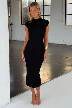 Quinn High Neck Knit Midi Dress - Black